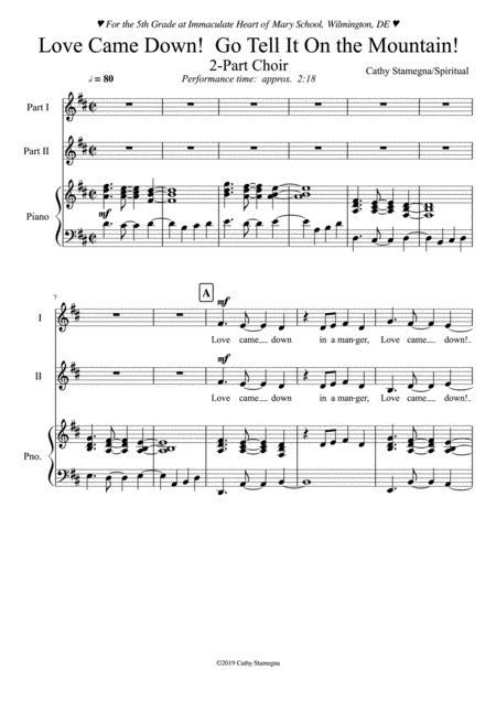 Free Sheet Music Love Came Down Go Tell It On The Mountain For 2 Part Choir And Piano