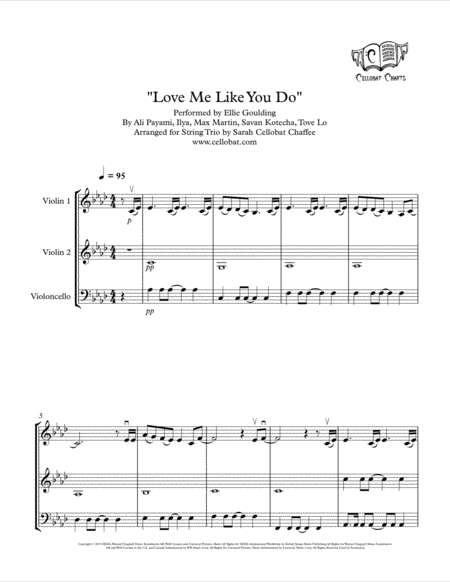 Love Me Like You Do String Trio 2 Violins Cello Ellie Goulding Arr Cellobat Sheet Music