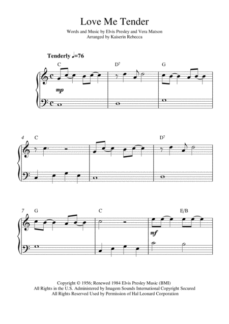 Free Sheet Music Love Me Tender Easy Piano Solo With Chords