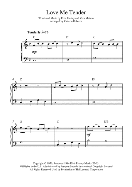 Love Me Tender Easy Piano Solo With Chords Sheet Music