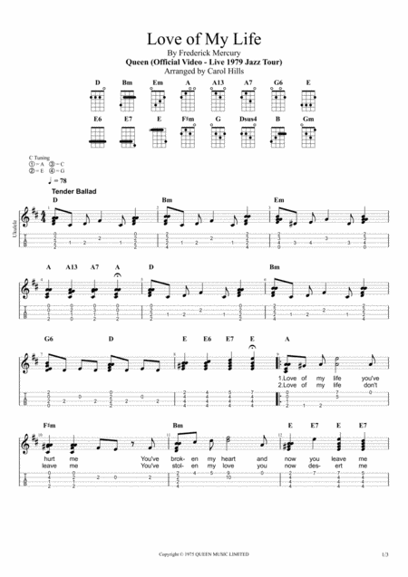 Love Of My Life By Queen Ukulele Chord Melody Solo With Tab Sheet Music