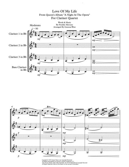 Love Of My Life For Clarinet Quartet By Queen From The Album A Night At The Opera Sheet Music