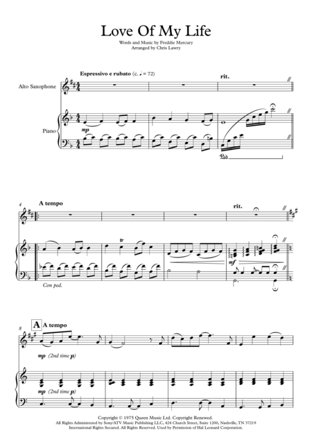 Free Sheet Music Love Of My Life Queen Alto Saxophone And Piano