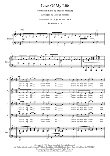 Love Of My Life Queen For Satb Choir Piano Sheet Music