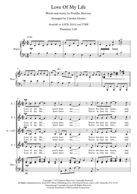 Love Of My Life Queen For Ssaa Choir Piano Sheet Music