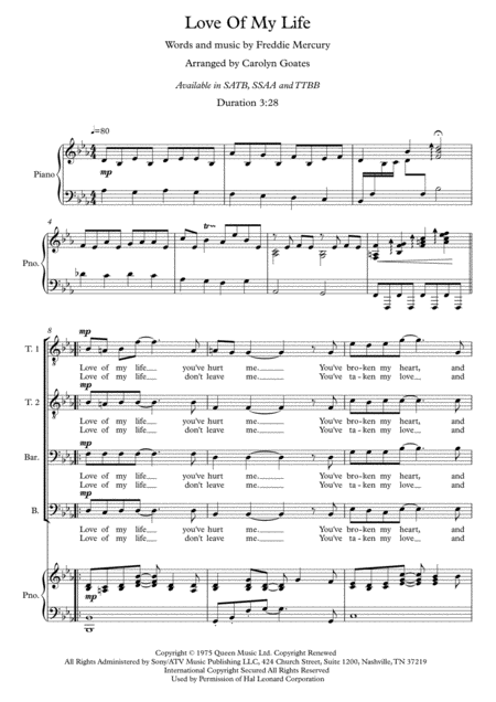 Love Of My Life Queen For Ttbb Choir Piano Sheet Music