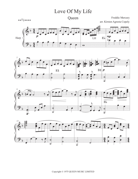 Love Of My Life Queen Solo Harp Arrangement Sheet Music