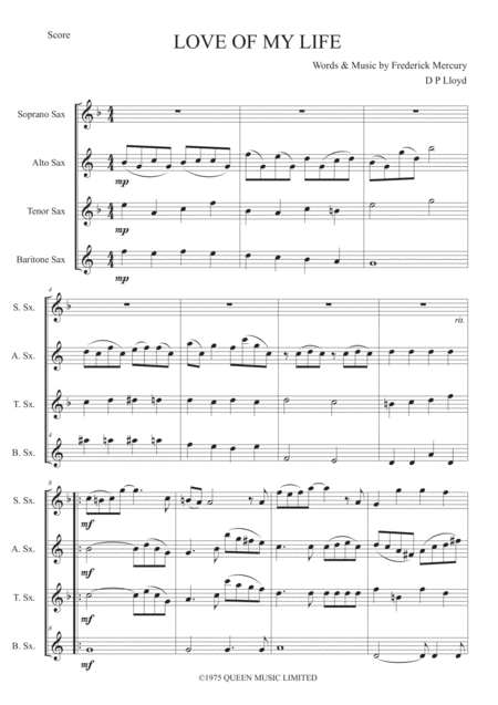 Free Sheet Music Love Of My Life Saxophone Quartet