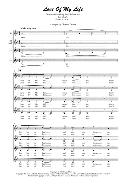 Love Of My Life Ssaa A Capella For Choir Sheet Music