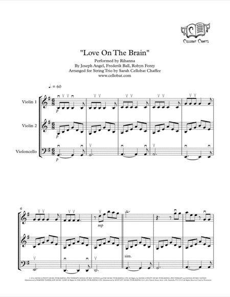 Free Sheet Music Love On The Brain String Trio 2 Violins Cello Rihanna Arr Cellobat