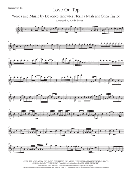 Love On Top Easy Key Of C Trumpet Sheet Music