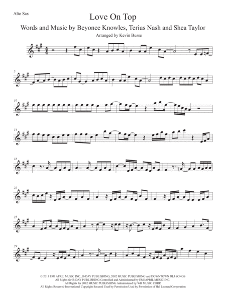 Love On Top Original Key Alto Sax Sheet Music