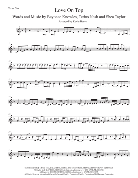 Love On Top Tenor Sax Sheet Music