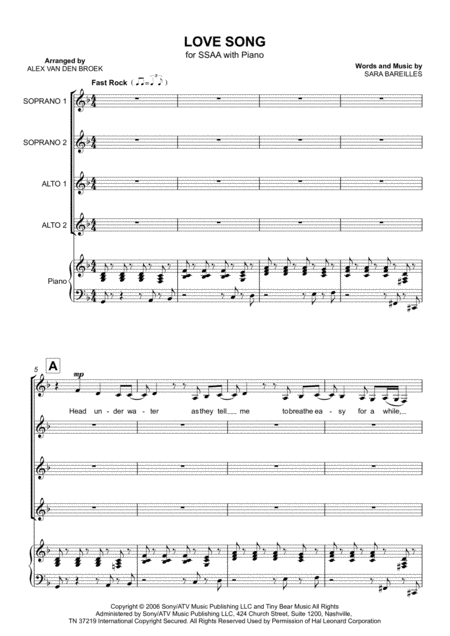 Free Sheet Music Love Song Ssaa With Piano Accompaniment
