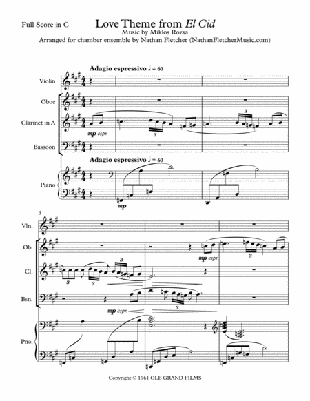 Love Theme From El Cid Arr For Violin Piano Quartet Sheet Music