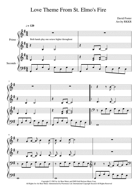 Love Theme From St Elmos Fire Easy Student Teacher Piano Duet G Major Sheet Music