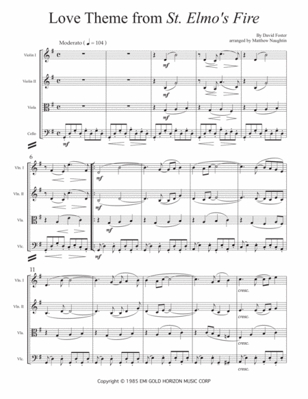 Love Theme From St Elmos Fire For String Quartet Sheet Music