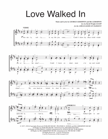 Free Sheet Music Love Walked In F Chorus Pricing