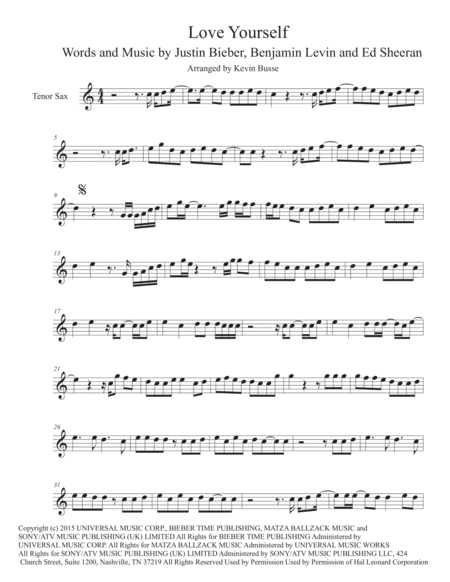 Love Yourself Easy Key Of C Tenor Sax Sheet Music