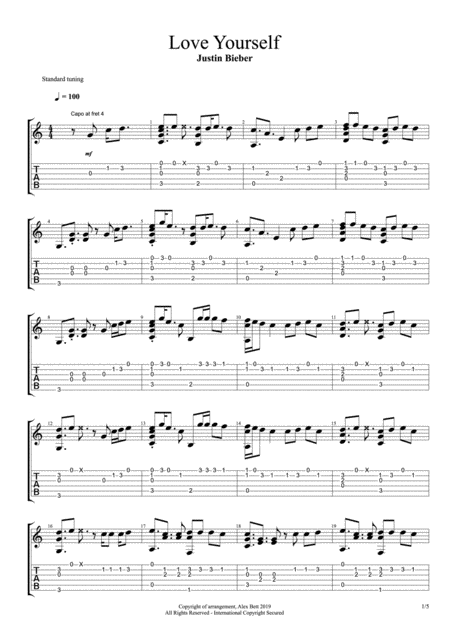 Free Sheet Music Love Yourself Solo Fingerstyle Guitar