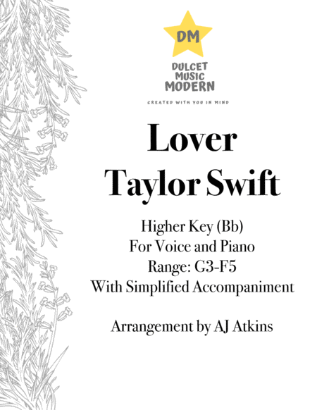 Lover By Taylor Swift For Voice And Piano Higher Key Sheet Music