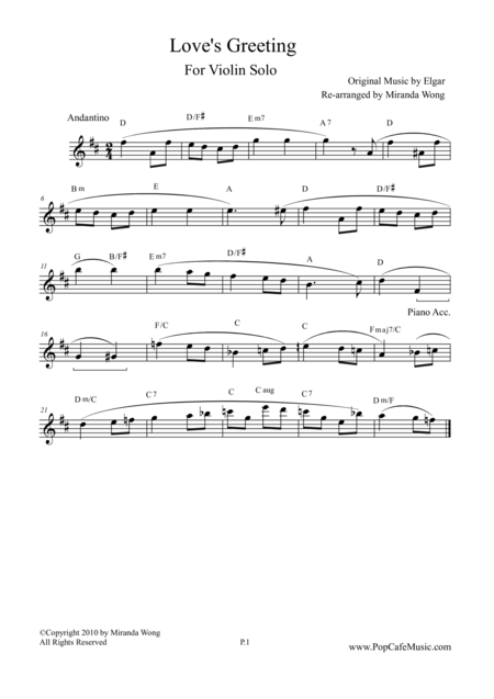 Loves Greeting Salut D Amour In D Key Lovely Version For Violin Solo Sheet Music