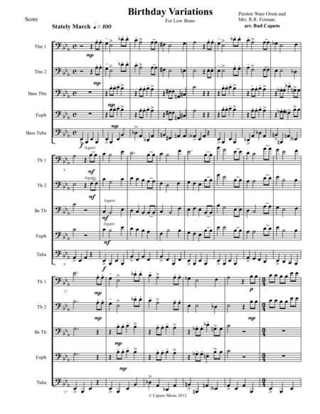 Low Brass Birthday Variations Tune Of Happy Birthday Score Sheet Music