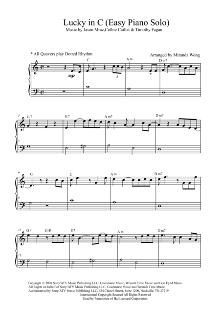 Lucky Jason Mraz Easy Piano Solo In C Key Sheet Music