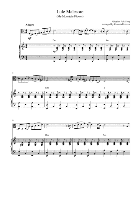 Free Sheet Music Lule Malesore My Mountain Flower Viola Solo And Piano Accompaniment