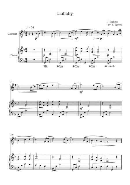 Lullaby Johannes Brahms For Clarinet Piano Sheet Music