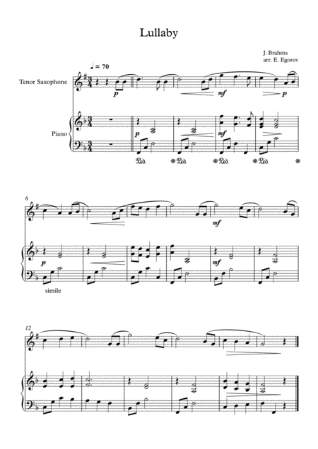 Free Sheet Music Lullaby Johannes Brahms For Tenor Saxophone Piano