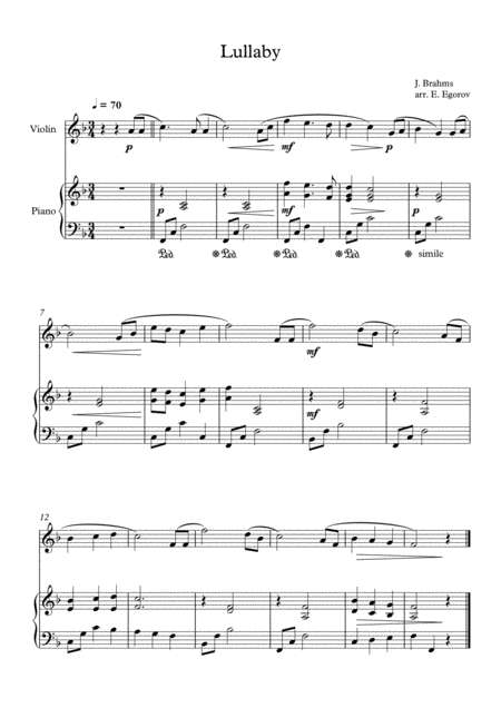 Lullaby Johannes Brahms For Violin Piano Sheet Music