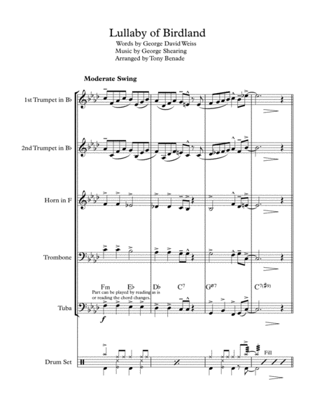 Lullaby Of Birdland Brass Quintet W Drum Acc Sheet Music