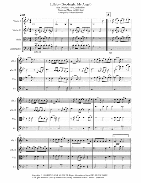 Lullabye Goodnight My Angel String Quartet Sheet Music