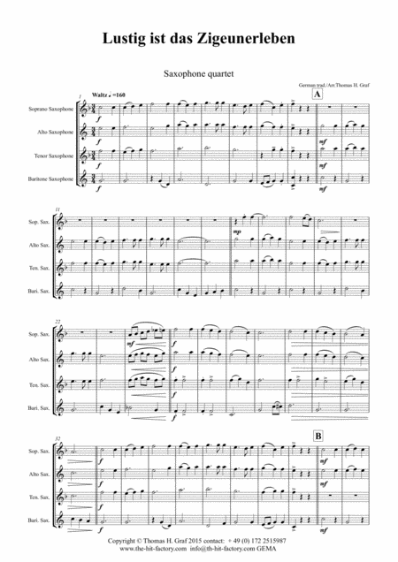 Lustig Ist Das Zigeunerleben German Folk Song Oktoberfest Saxophone Quartet Sheet Music