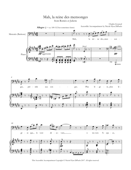 Mab La Reine Des Mensonges Mercutio From Romo Et Juliette Accessible Accompaniments Edition Sheet Music