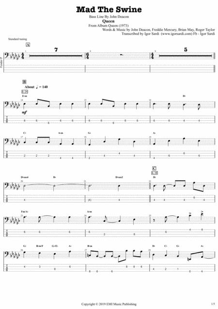 Free Sheet Music Mad The Swine Queen John Deacon Complete And Accurate Bass Transcription Whit Tab