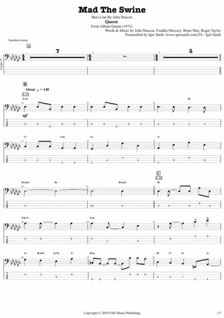 Mad The Swine Queen John Deacon Complete And Accurate Bass Transcription Whit Tab Sheet Music