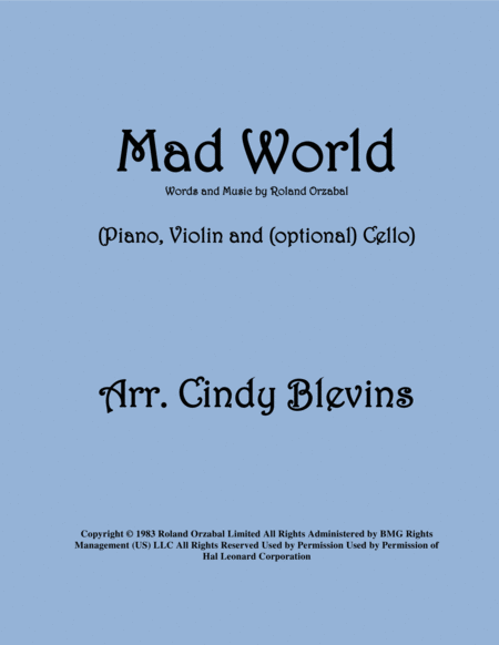 Free Sheet Music Mad World Arranged For Piano Violin And Optional Cello