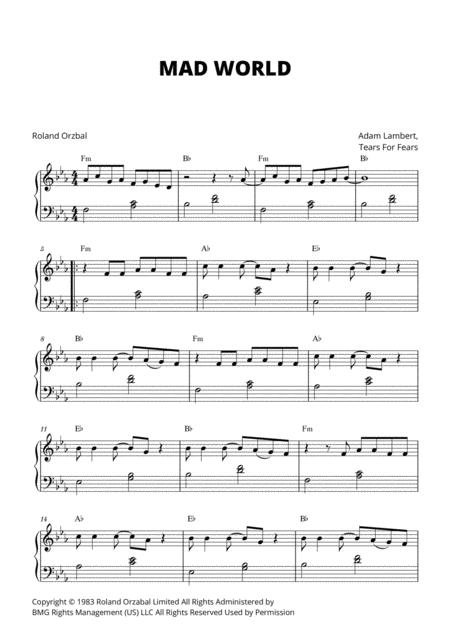 Free Sheet Music Mad World Early Intermediate Piano