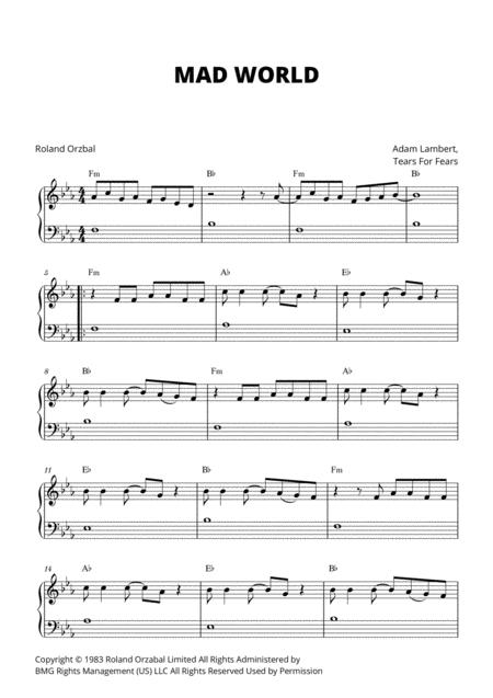 Mad World Easy Beginner Piano Sheet Music