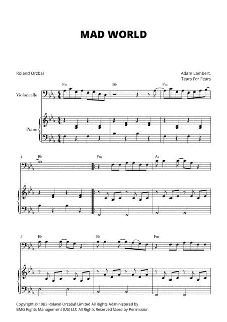 Free Sheet Music Mad World For Cello And Piano