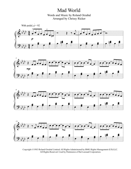 Free Sheet Music Mad World