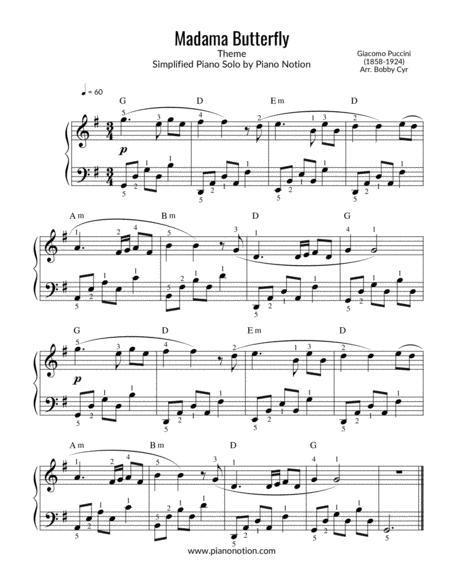 Madama Butterfly Theme Puccini Simplified Piano Solo Sheet Music