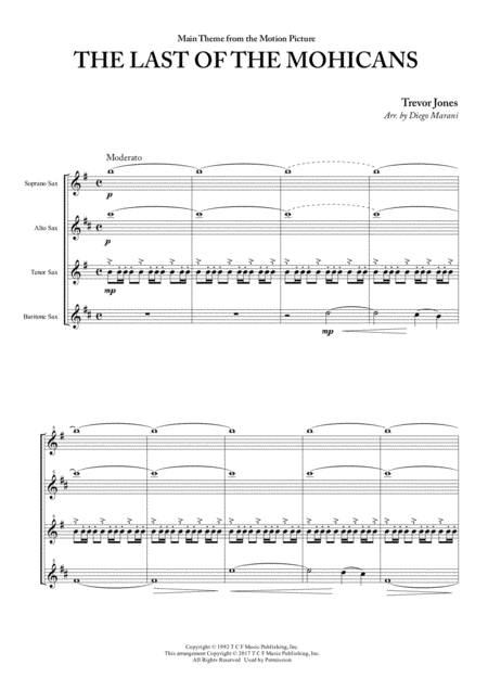 Main Theme From The Last Of The Mohicans For Saxophone Quartet Sheet Music