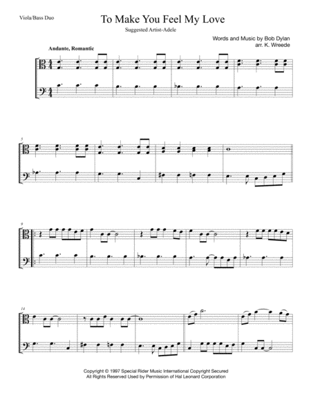 Free Sheet Music Make You Feel My Love For Viola And Bass Duo