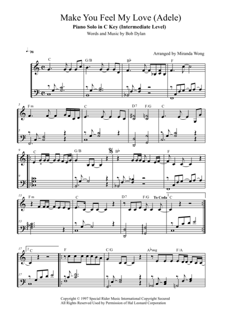 Make You Feel My Love Piano Solo In C Key With Chords Sheet Music