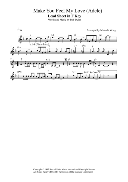 Free Sheet Music Make You Feel My Love Violin Or Flute Solo In F Key With Chords