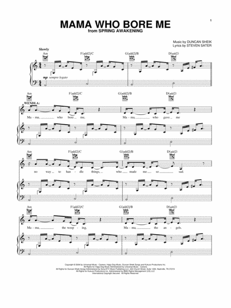 Mama Who Bore Me From Spring Awakening Sheet Music