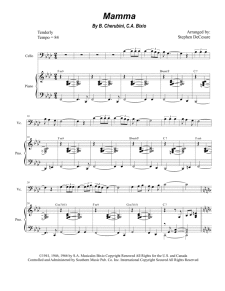 Free Sheet Music Mamma For Solo Cello And Piano